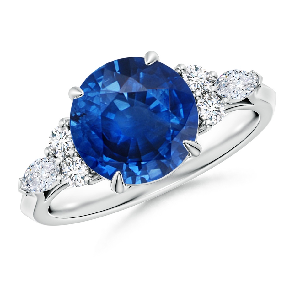 9mm AAA Round Blue Sapphire Side Stone Engagement Ring with Diamonds in P950 Platinum 