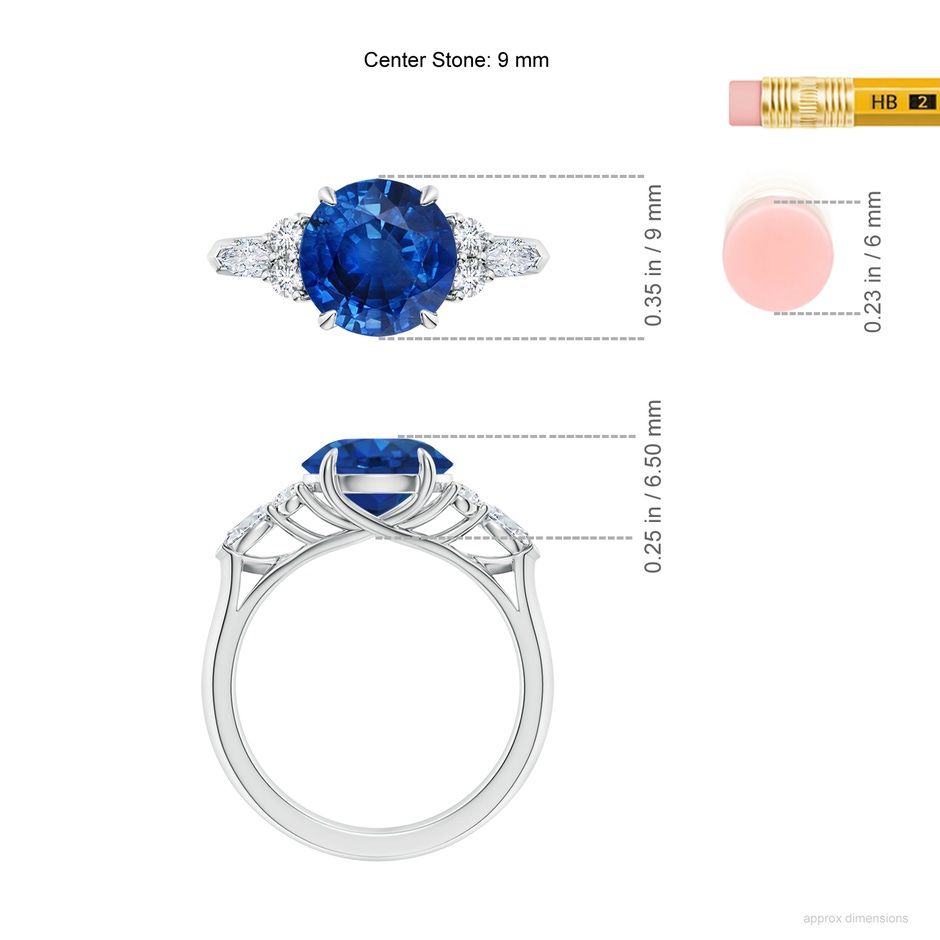 9mm AAA Round Blue Sapphire Side Stone Engagement Ring with Diamonds in P950 Platinum ruler