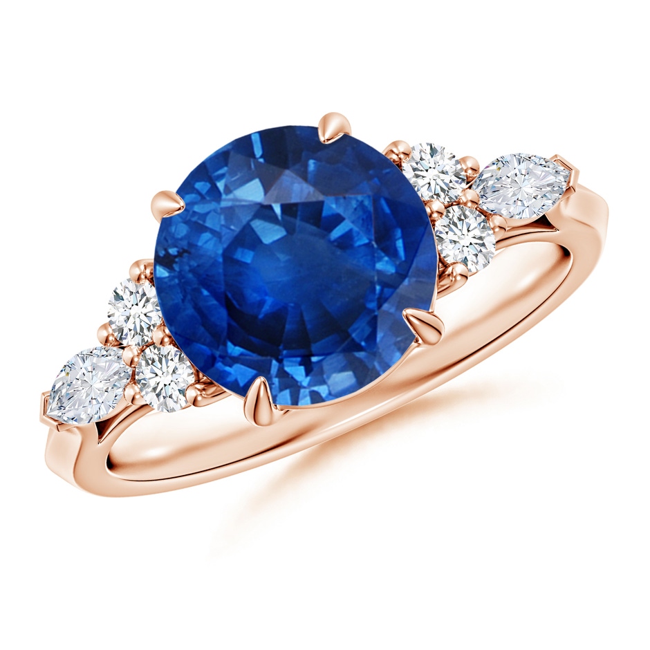 9mm AAA Round Blue Sapphire Side Stone Engagement Ring with Diamonds in Rose Gold 