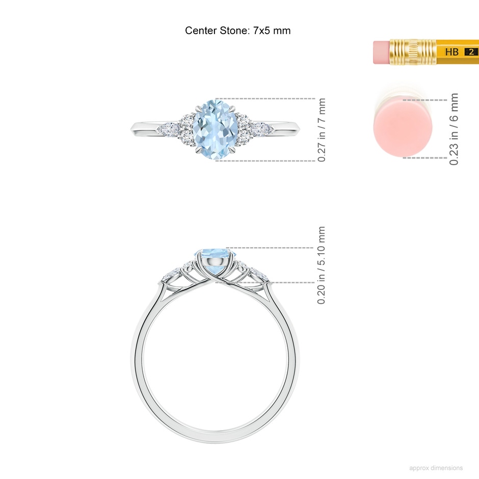 7x5mm AA Oval Aquamarine Side Stone Engagement Ring with Diamonds in S999 Silver ruler