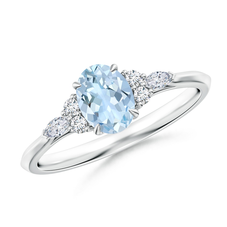 7x5mm AA Oval Aquamarine Side Stone Engagement Ring with Diamonds in White Gold 