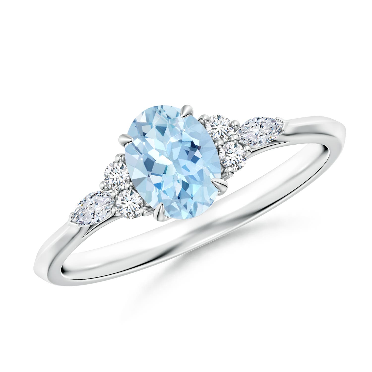 7x5mm AAA Oval Aquamarine Side Stone Engagement Ring with Diamonds in 18K White Gold