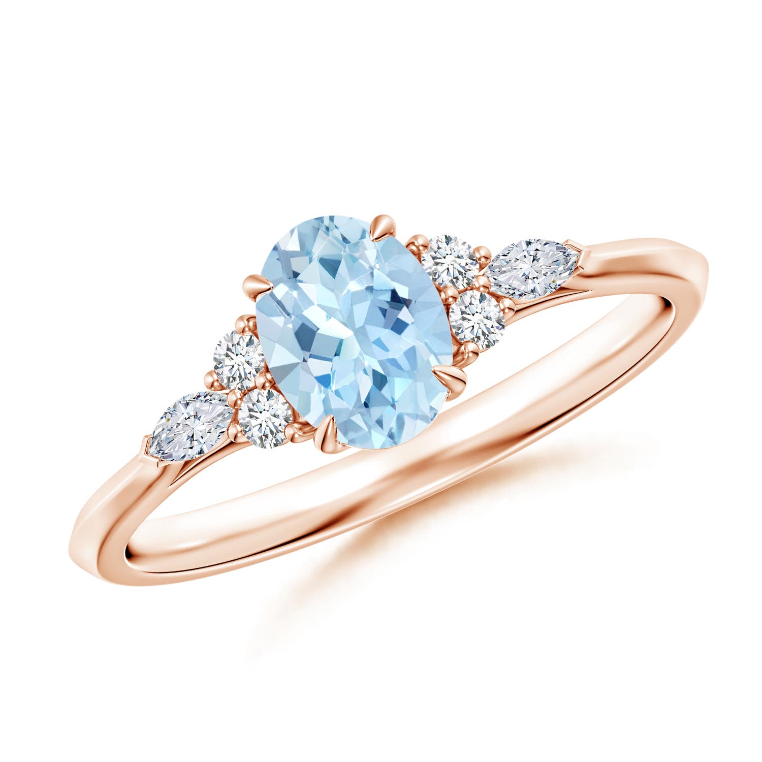 7x5mm AAA Oval Aquamarine Side Stone Engagement Ring with Diamonds in Rose Gold