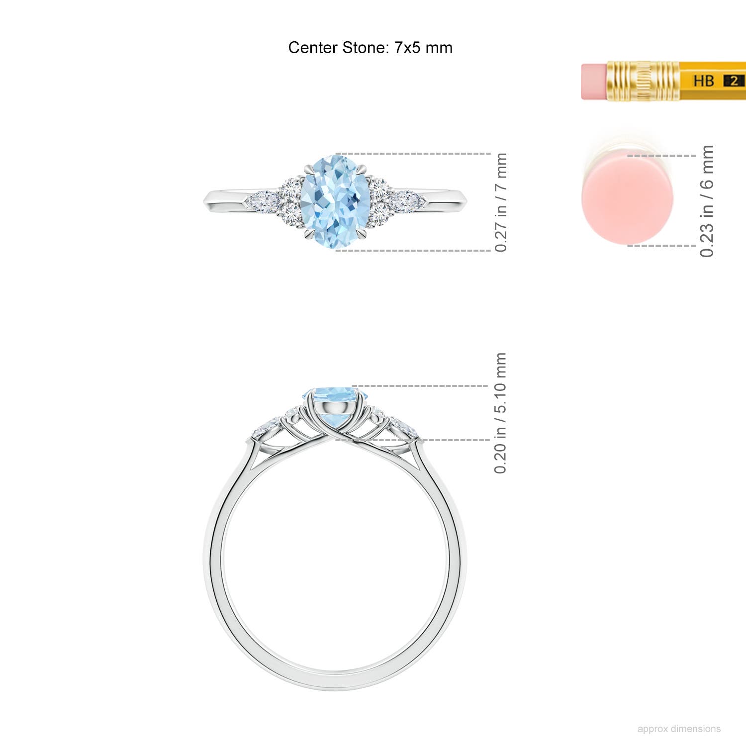 7x5mm AAA Oval Aquamarine Side Stone Engagement Ring with Diamonds in White Gold - ruler