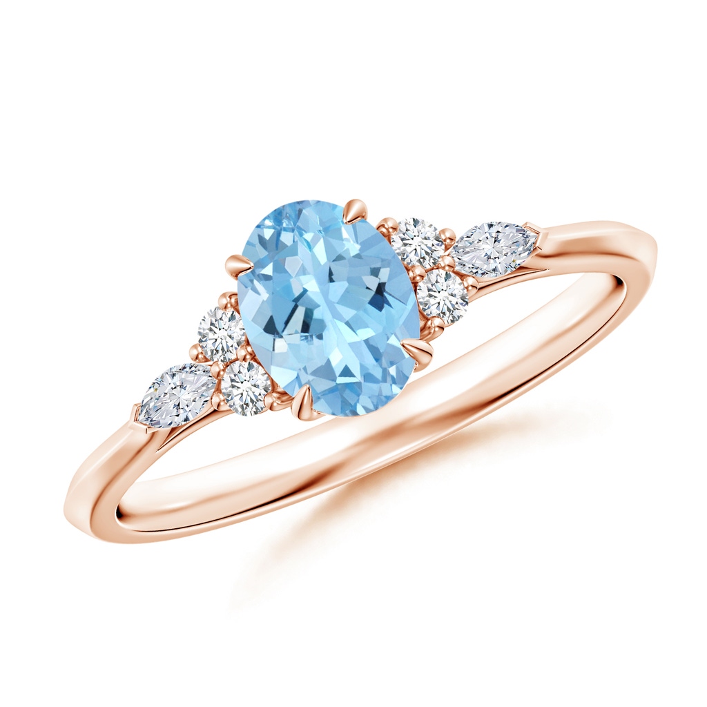 7x5mm AAAA Oval Aquamarine Side Stone Engagement Ring with Diamonds in Rose Gold