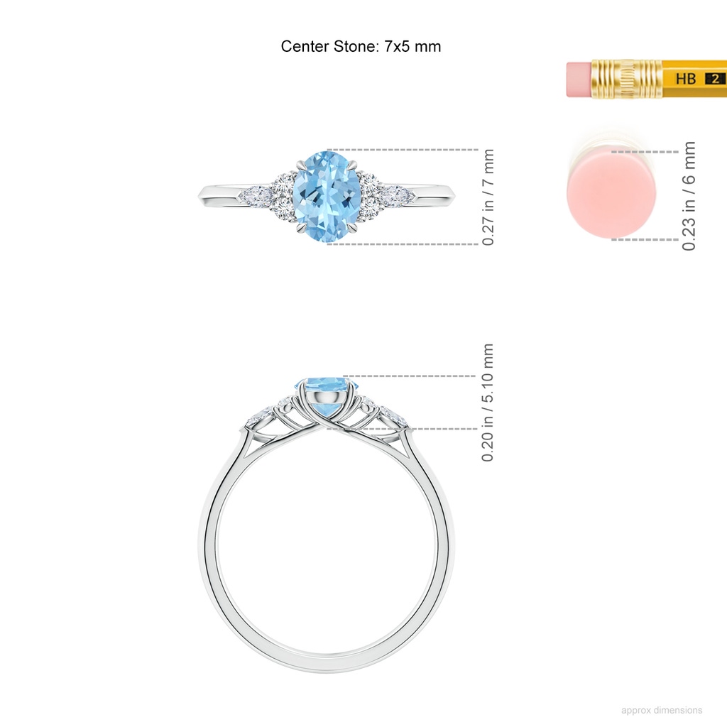 7x5mm AAAA Oval Aquamarine Side Stone Engagement Ring with Diamonds in S999 Silver ruler