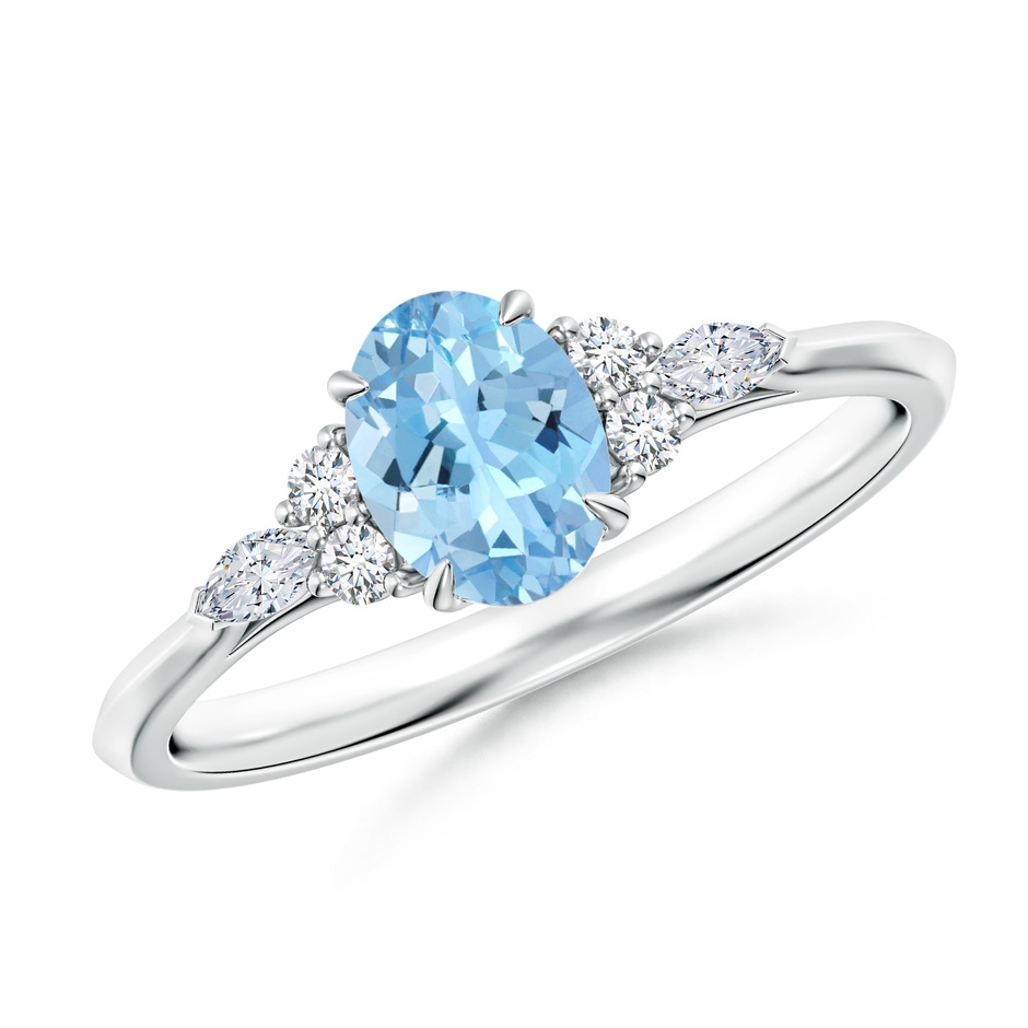 7x5mm AAAA Oval Aquamarine Side Stone Engagement Ring with Diamonds in White Gold 