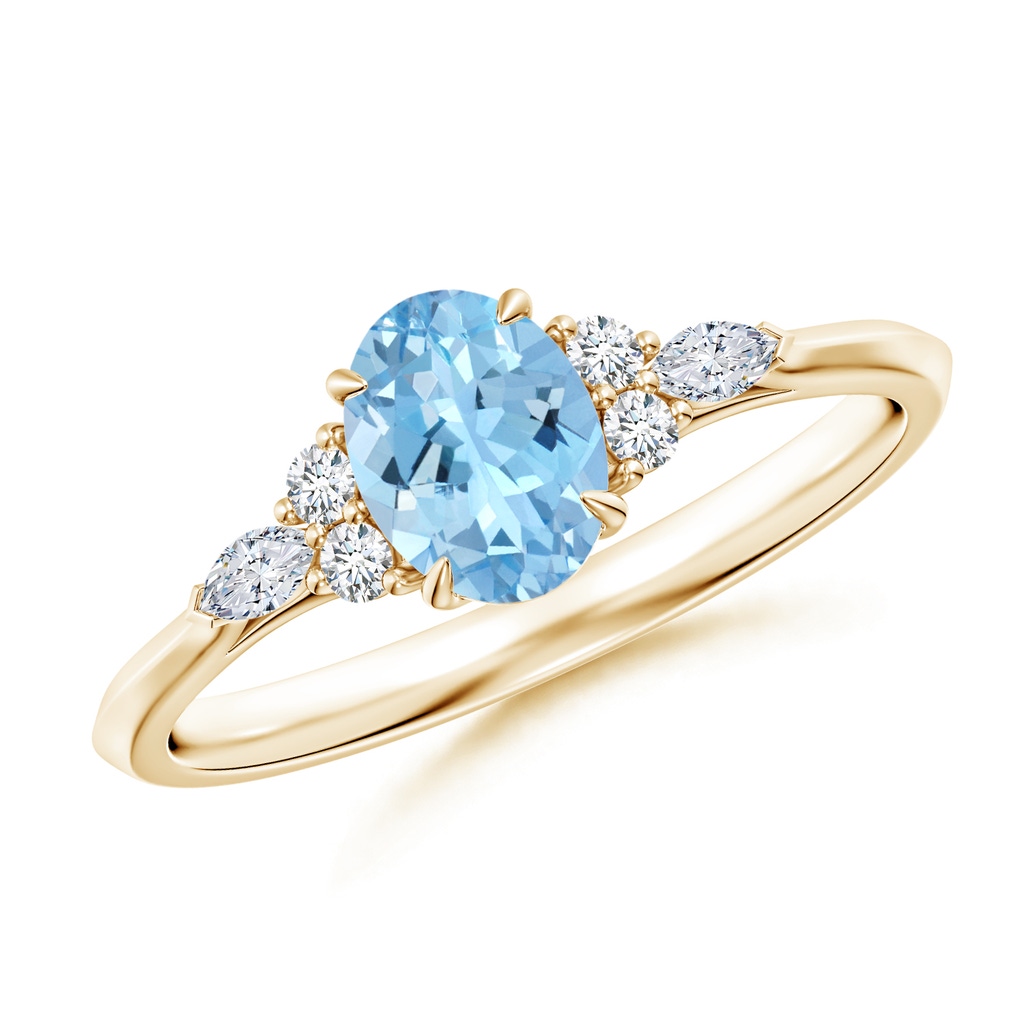 7x5mm AAAA Oval Aquamarine Side Stone Engagement Ring with Diamonds in Yellow Gold