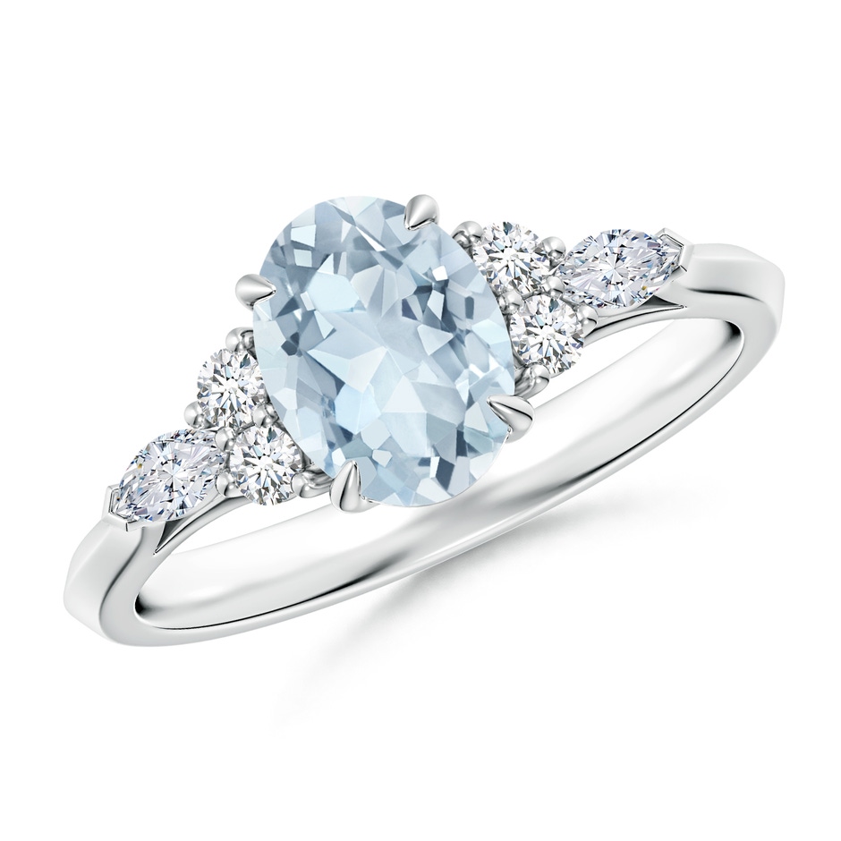 8x6mm A Oval Aquamarine Side Stone Engagement Ring with Diamonds in White Gold 