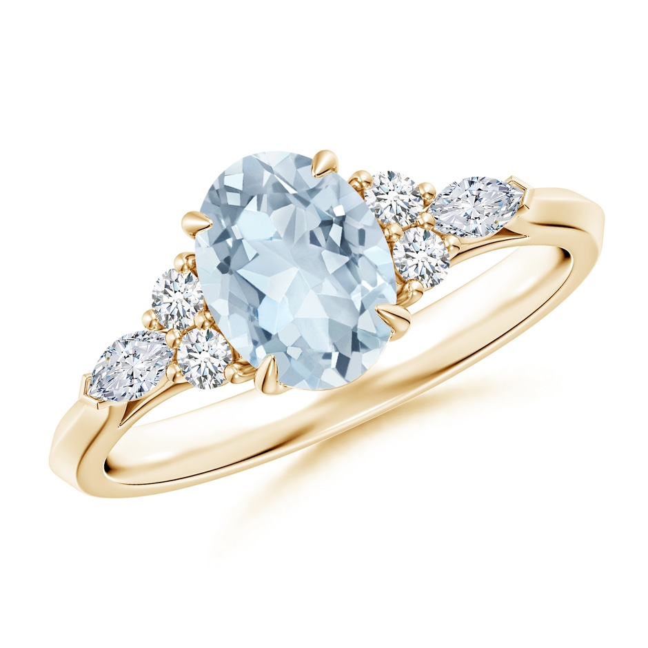 8x6mm A Oval Aquamarine Side Stone Engagement Ring with Diamonds in Yellow Gold 