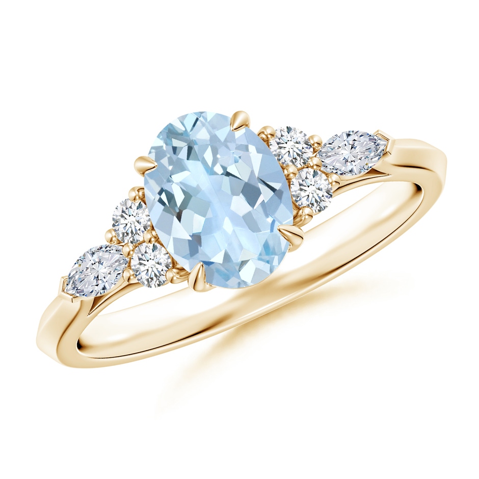 8x6mm AA Oval Aquamarine Side Stone Engagement Ring with Diamonds in Yellow Gold 