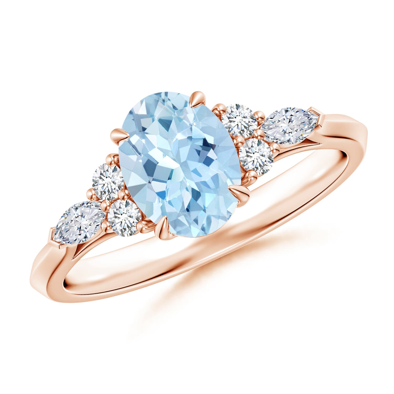 8x6mm AAA Oval Aquamarine Side Stone Engagement Ring with Diamonds in Rose Gold