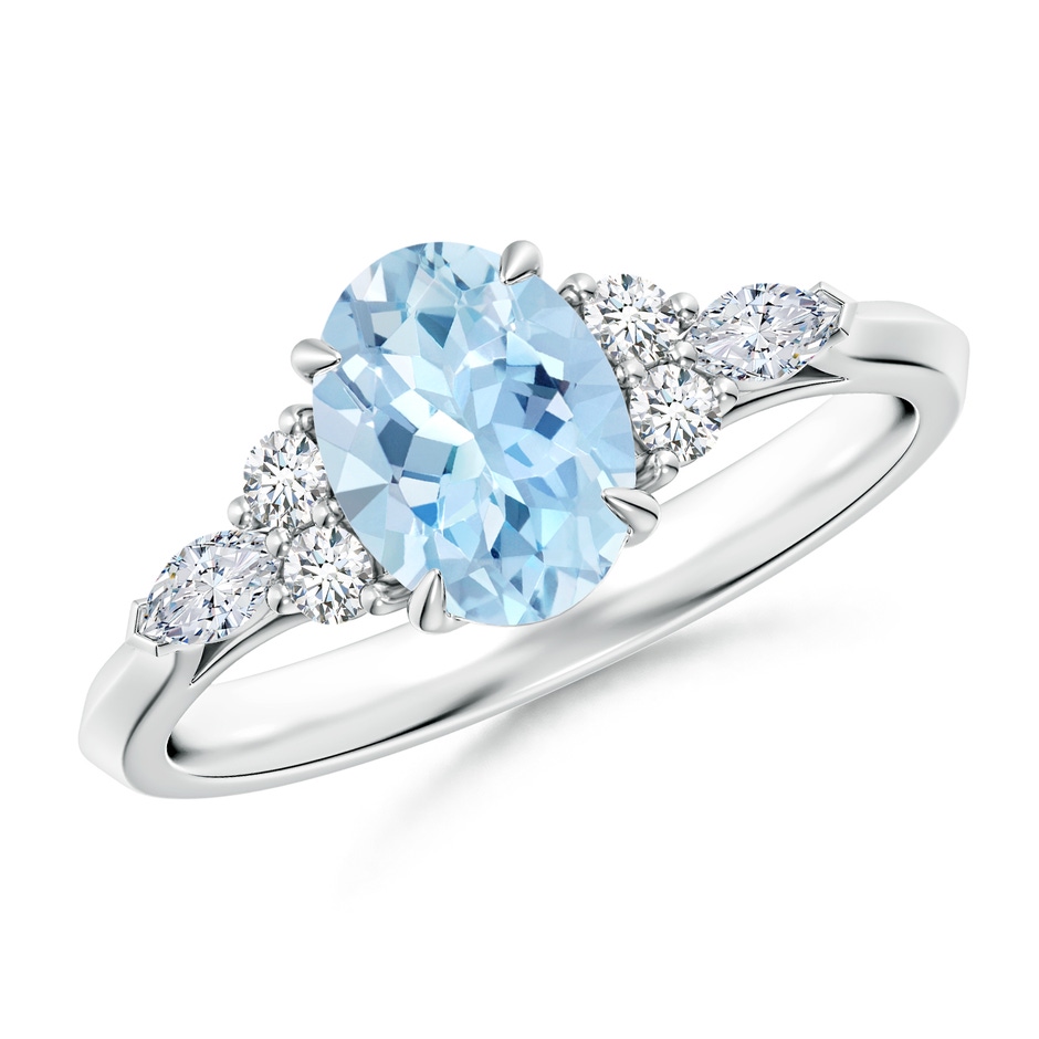 8x6mm AAA Oval Aquamarine Side Stone Engagement Ring with Diamonds in White Gold 