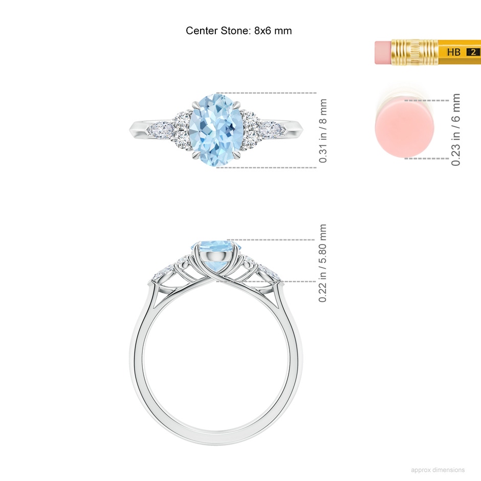 8x6mm AAA Oval Aquamarine Side Stone Engagement Ring with Diamonds in White Gold ruler
