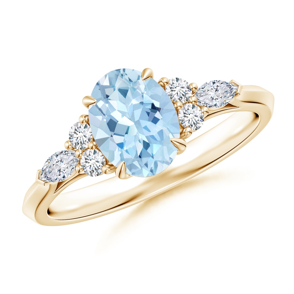 8x6mm AAA Oval Aquamarine Side Stone Engagement Ring with Diamonds in Yellow Gold 