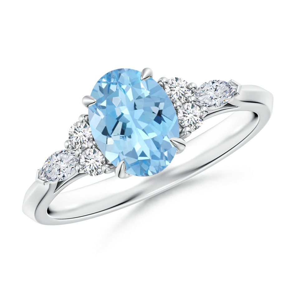 8x6mm AAAA Oval Aquamarine Side Stone Engagement Ring with Diamonds in P950 Platinum 