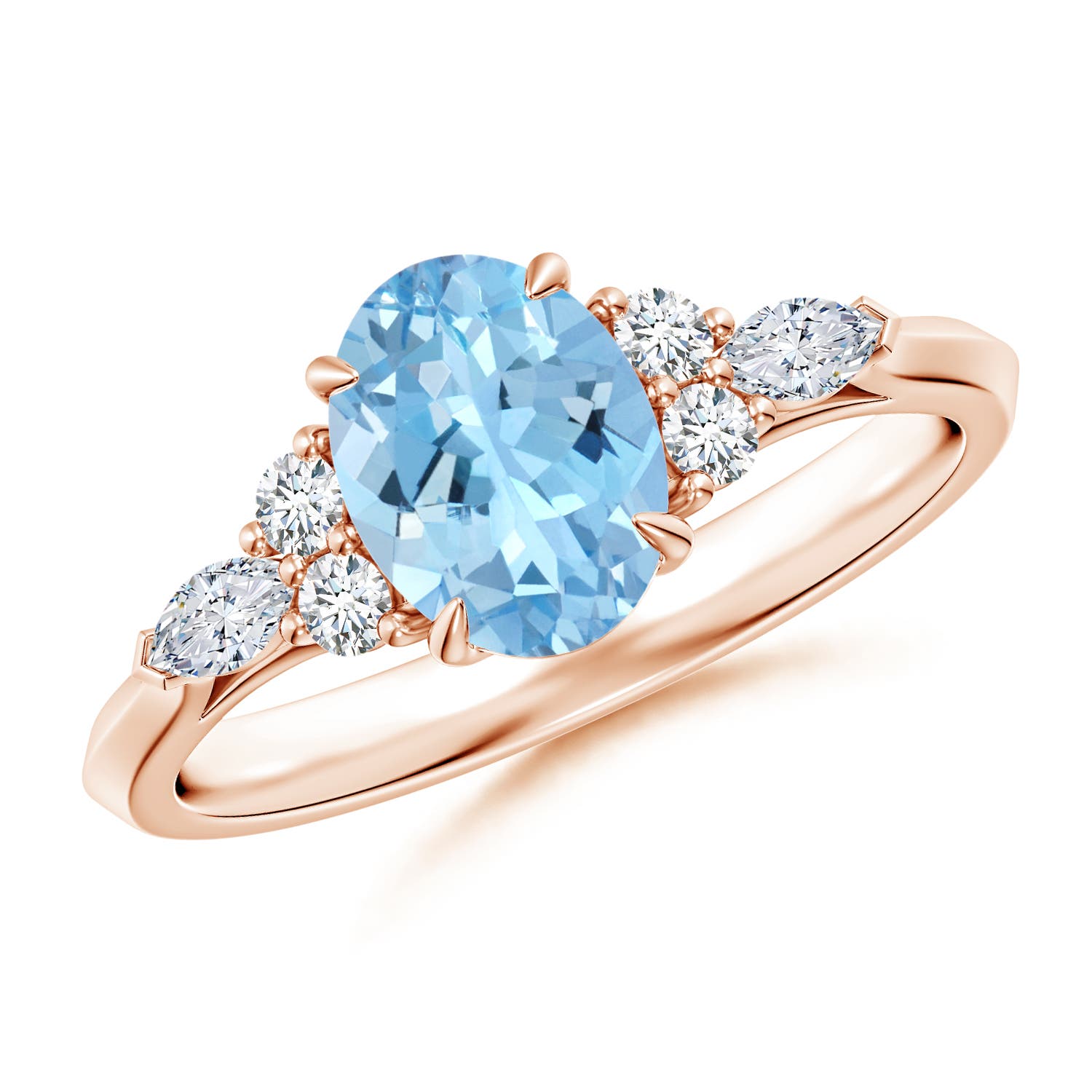 8x6mm AAAA Oval Aquamarine Side Stone Engagement Ring with Diamonds in Rose Gold