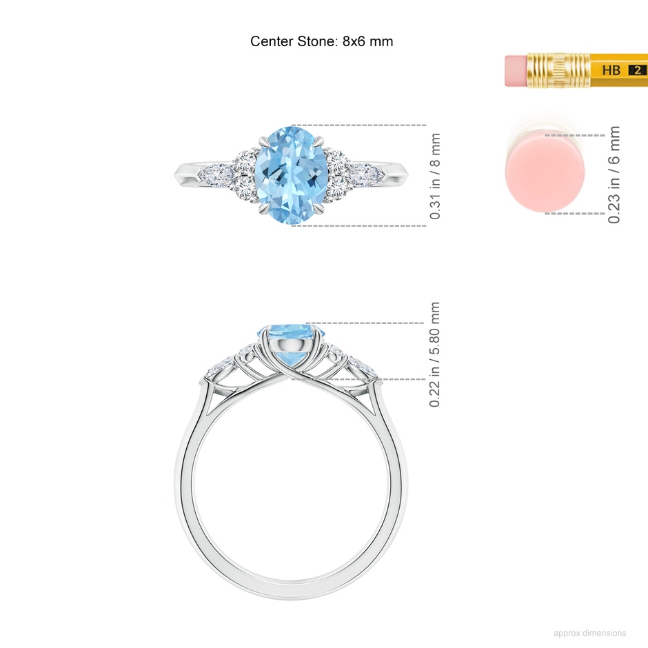 8x6mm AAAA Oval Aquamarine Side Stone Engagement Ring with Diamonds in S999 Silver ruler