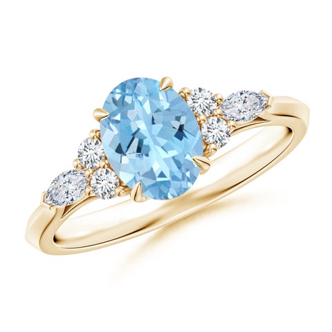 8x6mm AAAA Oval Aquamarine Side Stone Engagement Ring with Diamonds in Yellow Gold