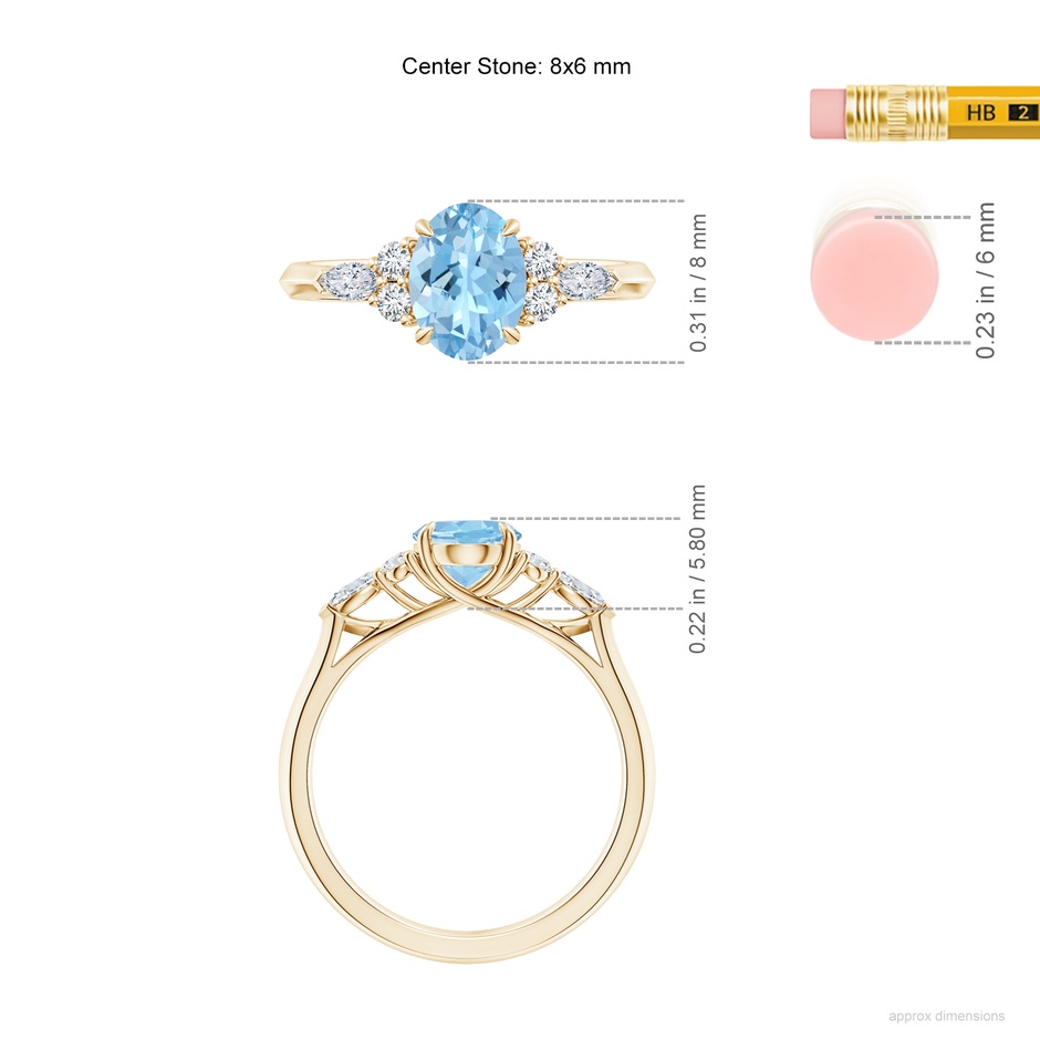 8x6mm AAAA Oval Aquamarine Side Stone Engagement Ring with Diamonds in Yellow Gold ruler