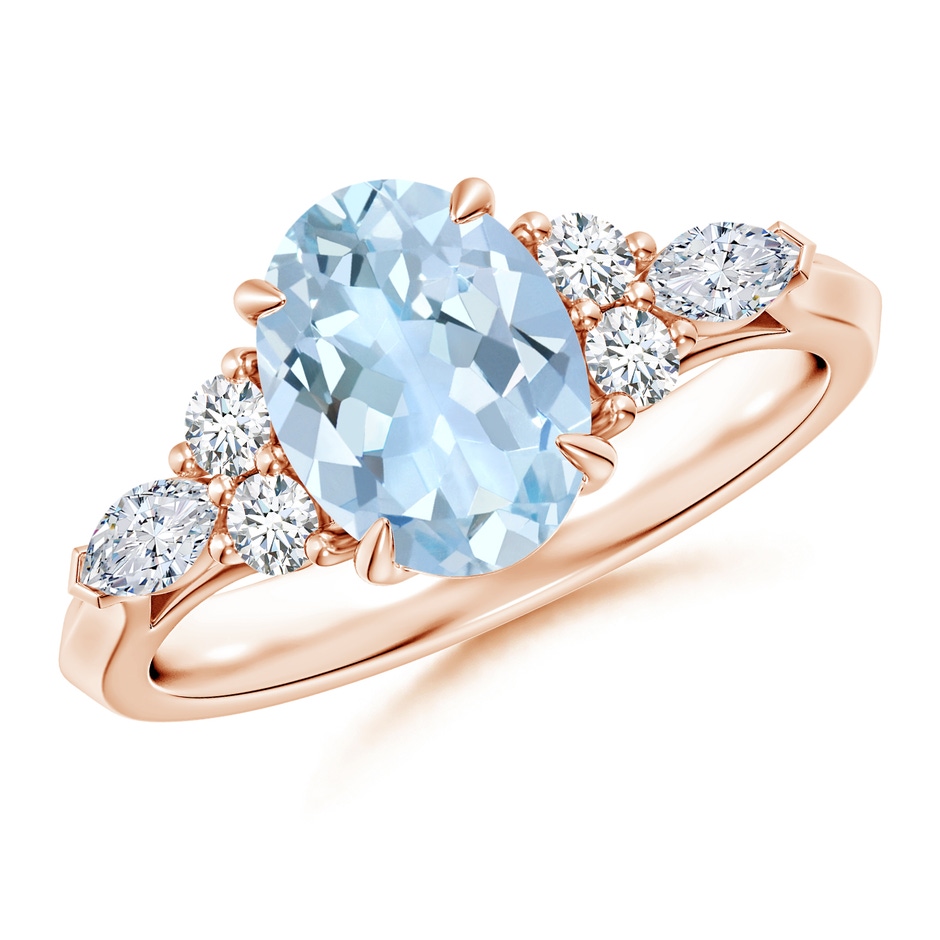 9x7mm AA Oval Aquamarine Side Stone Engagement Ring with Diamonds in Rose Gold 