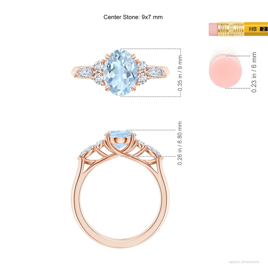 9x7mm AA Oval Aquamarine Side Stone Engagement Ring with Diamonds in Rose Gold ruler
