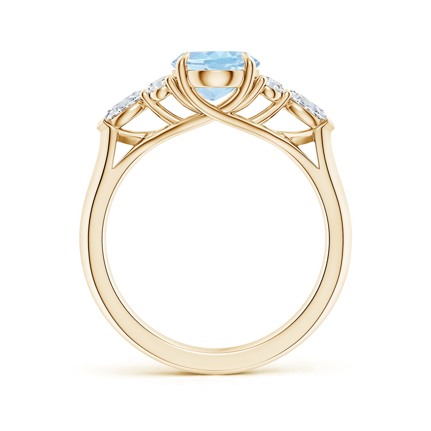 9x7mm AAA Oval Aquamarine Side Stone Engagement Ring with Diamonds in 18K Yellow Gold