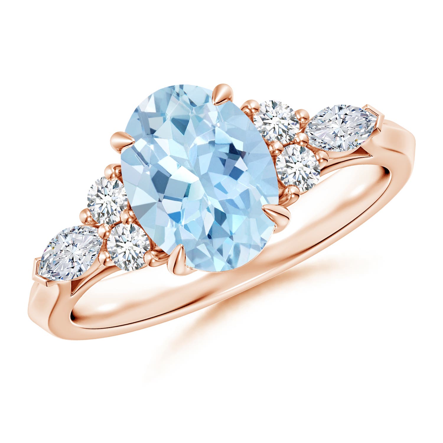 9x7mm AAA Oval Aquamarine Side Stone Engagement Ring with Diamonds in Rose Gold