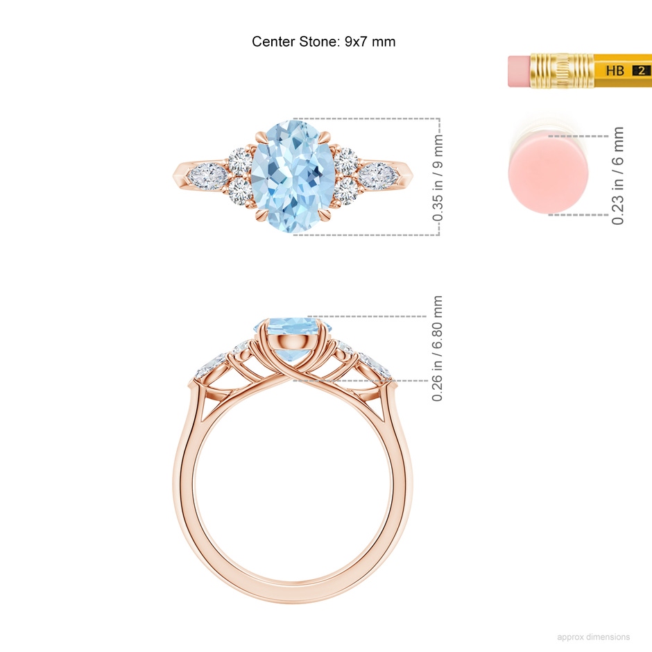 9x7mm AAA Oval Aquamarine Side Stone Engagement Ring with Diamonds in Rose Gold ruler