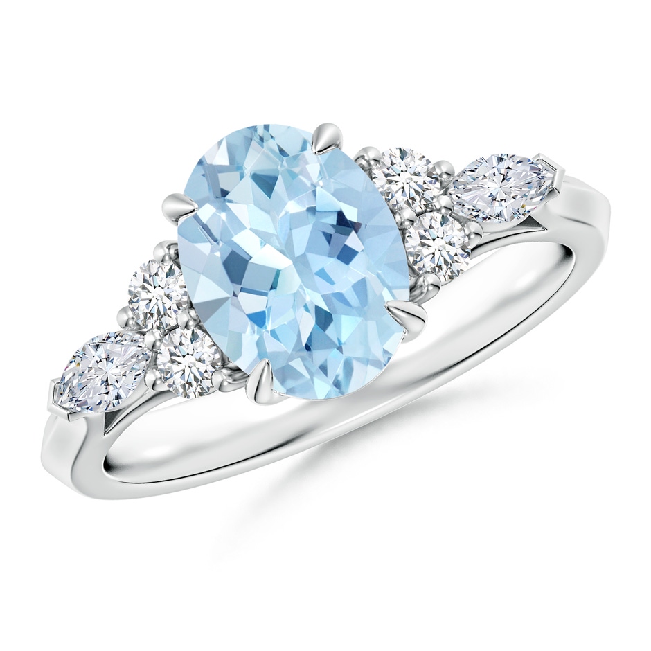 9x7mm AAA Oval Aquamarine Side Stone Engagement Ring with Diamonds in White Gold 
