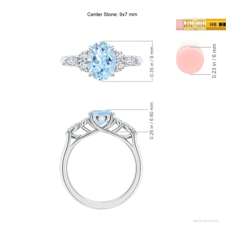 9x7mm AAA Oval Aquamarine Side Stone Engagement Ring with Diamonds in White Gold ruler