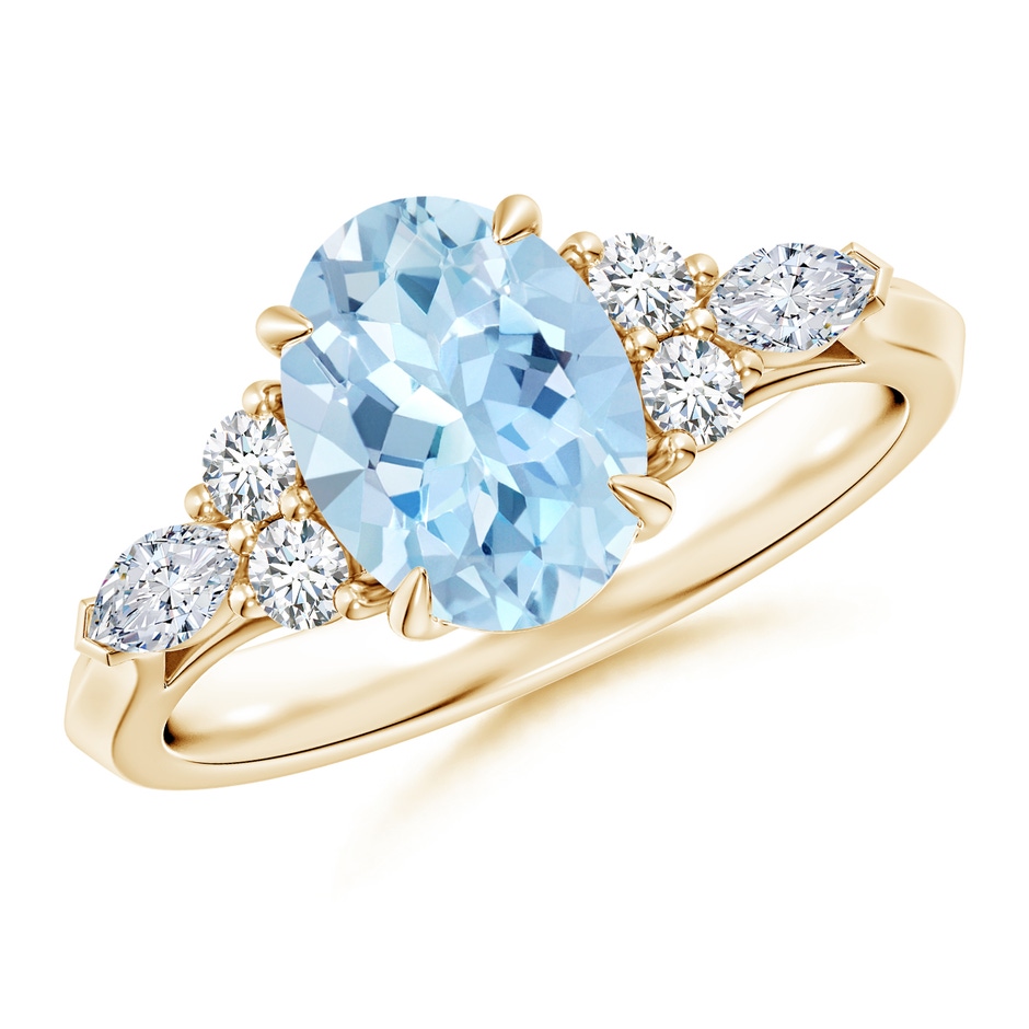 9x7mm AAA Oval Aquamarine Side Stone Engagement Ring with Diamonds in Yellow Gold 