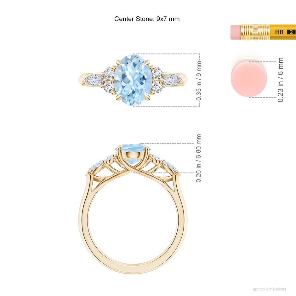 9x7mm AAA Oval Aquamarine Side Stone Engagement Ring with Diamonds in Yellow Gold ruler