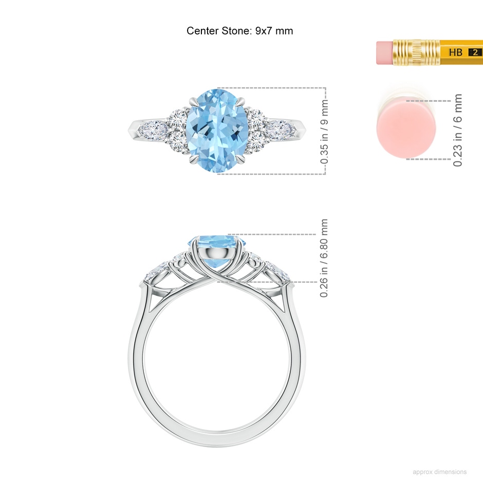9x7mm AAAA Oval Aquamarine Side Stone Engagement Ring with Diamonds in P950 Platinum ruler