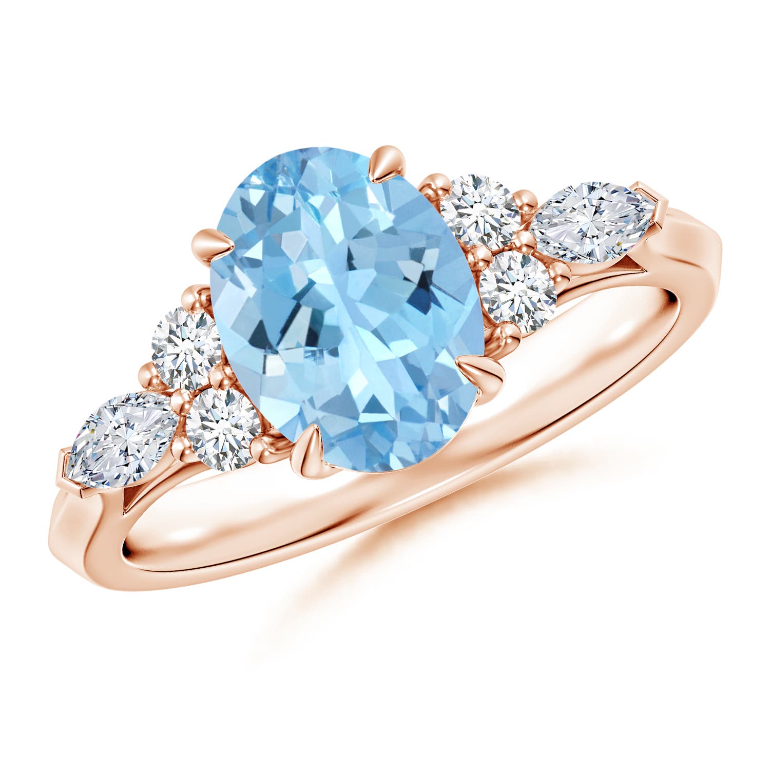 9x7mm AAAA Oval Aquamarine Side Stone Engagement Ring with Diamonds in Rose Gold