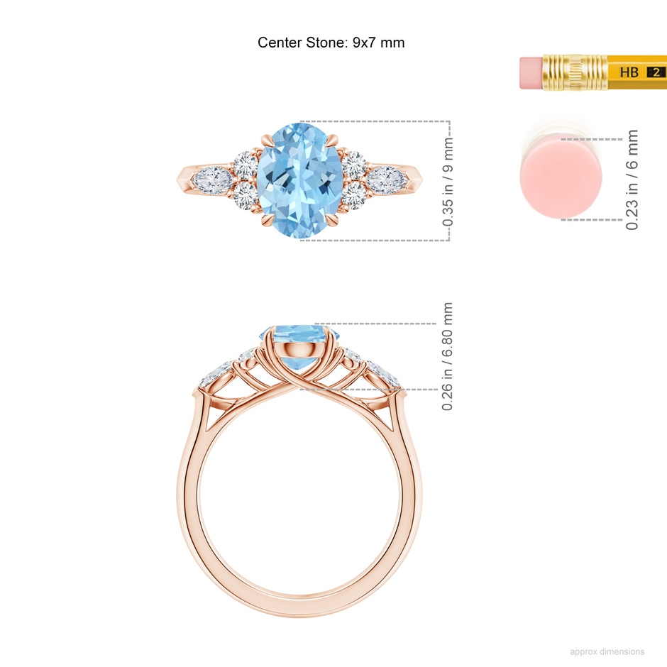 9x7mm AAAA Oval Aquamarine Side Stone Engagement Ring with Diamonds in Rose Gold ruler