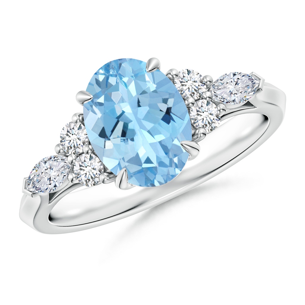 9x7mm AAAA Oval Aquamarine Side Stone Engagement Ring with Diamonds in White Gold