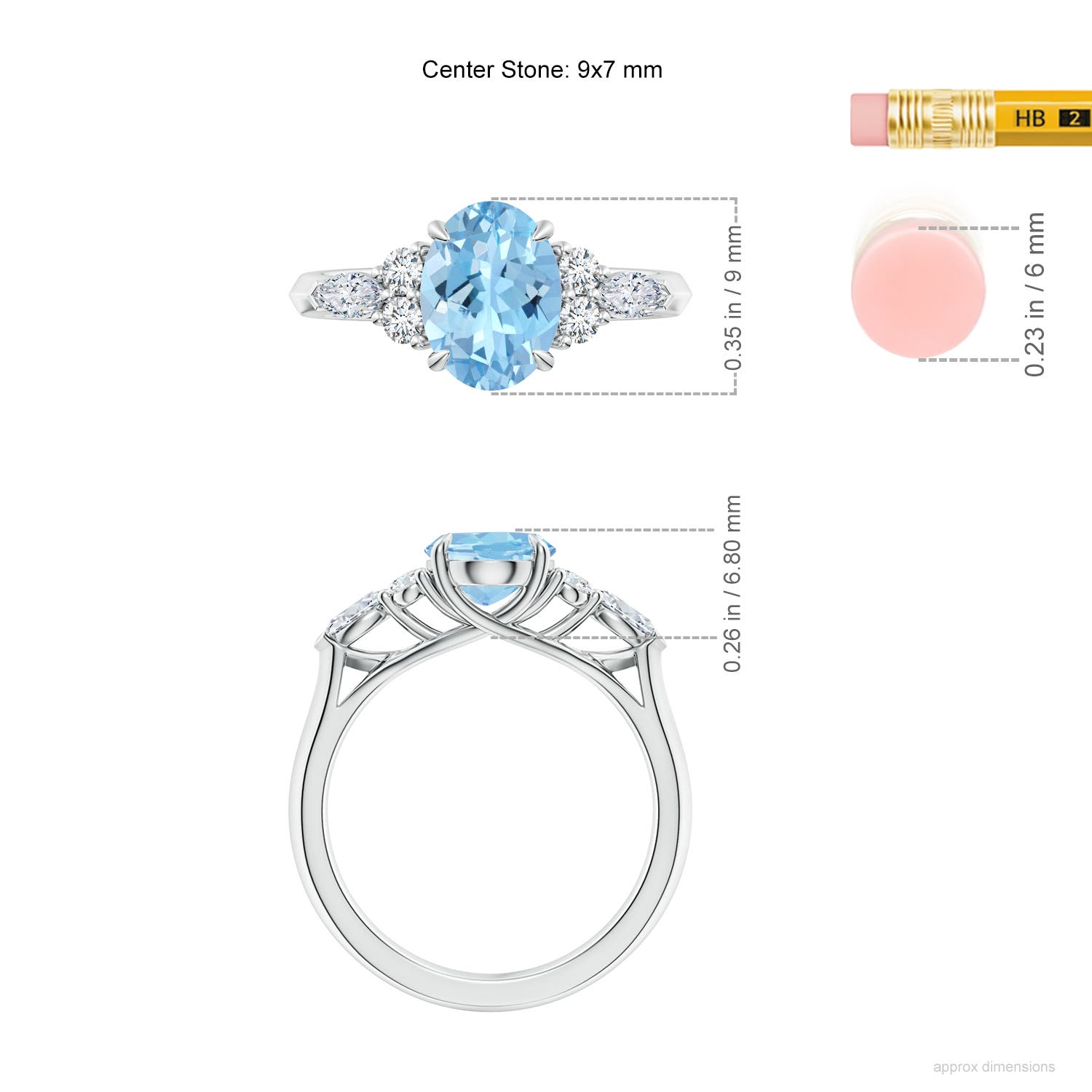 9x7mm AAAA Oval Aquamarine Side Stone Engagement Ring with Diamonds in White Gold - ruler