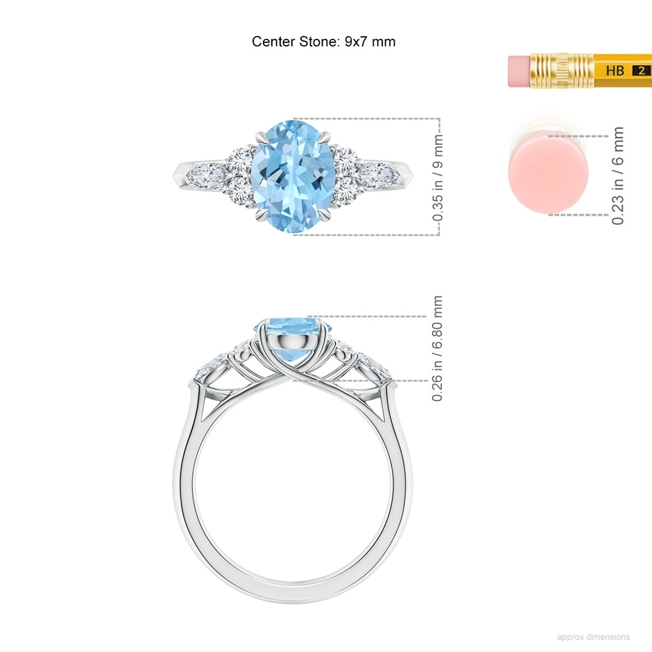 9x7mm AAAA Oval Aquamarine Side Stone Engagement Ring with Diamonds in White Gold ruler