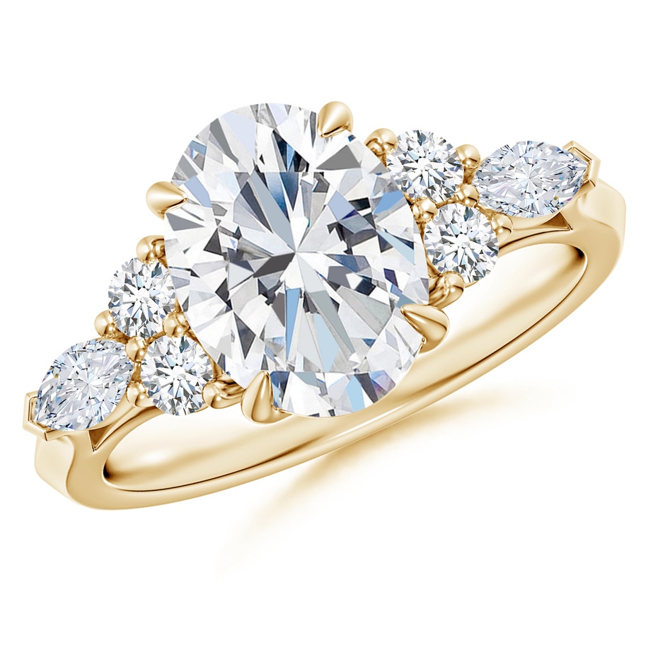 10x8mm GVS2 Oval Diamond Side Stone Engagement Ring with Diamonds in Yellow Gold 