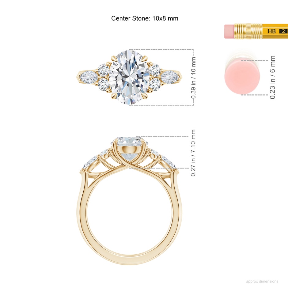 10x8mm GVS2 Oval Diamond Side Stone Engagement Ring with Diamonds in Yellow Gold ruler