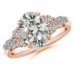 10x8mm KI3 Oval Diamond Side Stone Engagement Ring with Diamonds in Rose Gold