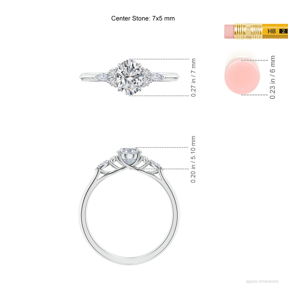 7x5mm HSI2 Oval Diamond Side Stone Engagement Ring with Diamonds in 18K White Gold ruler