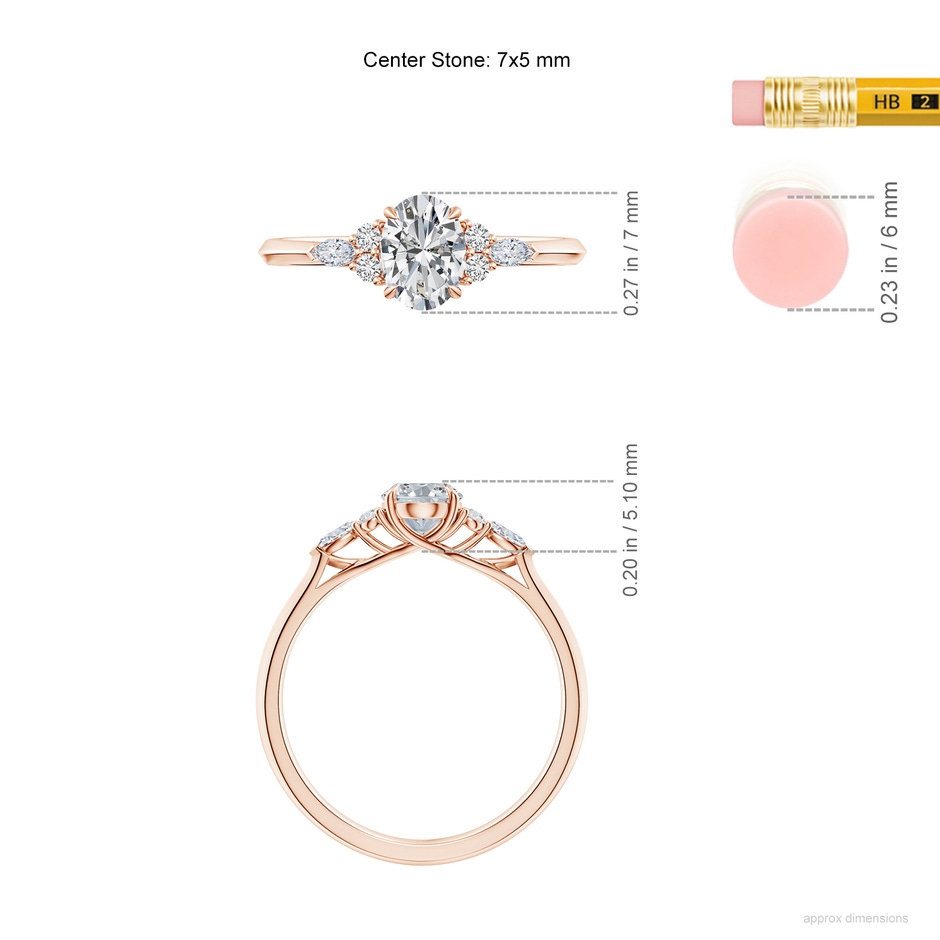 7x5mm HSI2 Oval Diamond Side Stone Engagement Ring with Diamonds in Rose Gold ruler