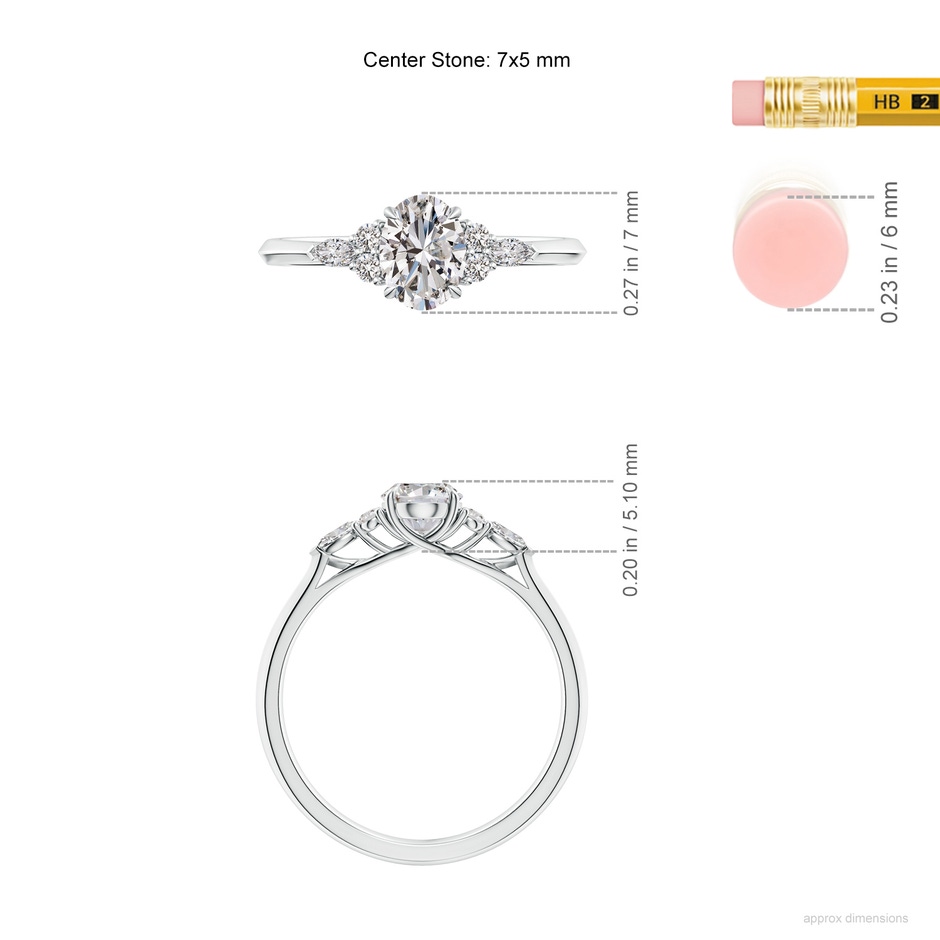 7x5mm IJI1I2 Oval Diamond Side Stone Engagement Ring with Diamonds in White Gold ruler