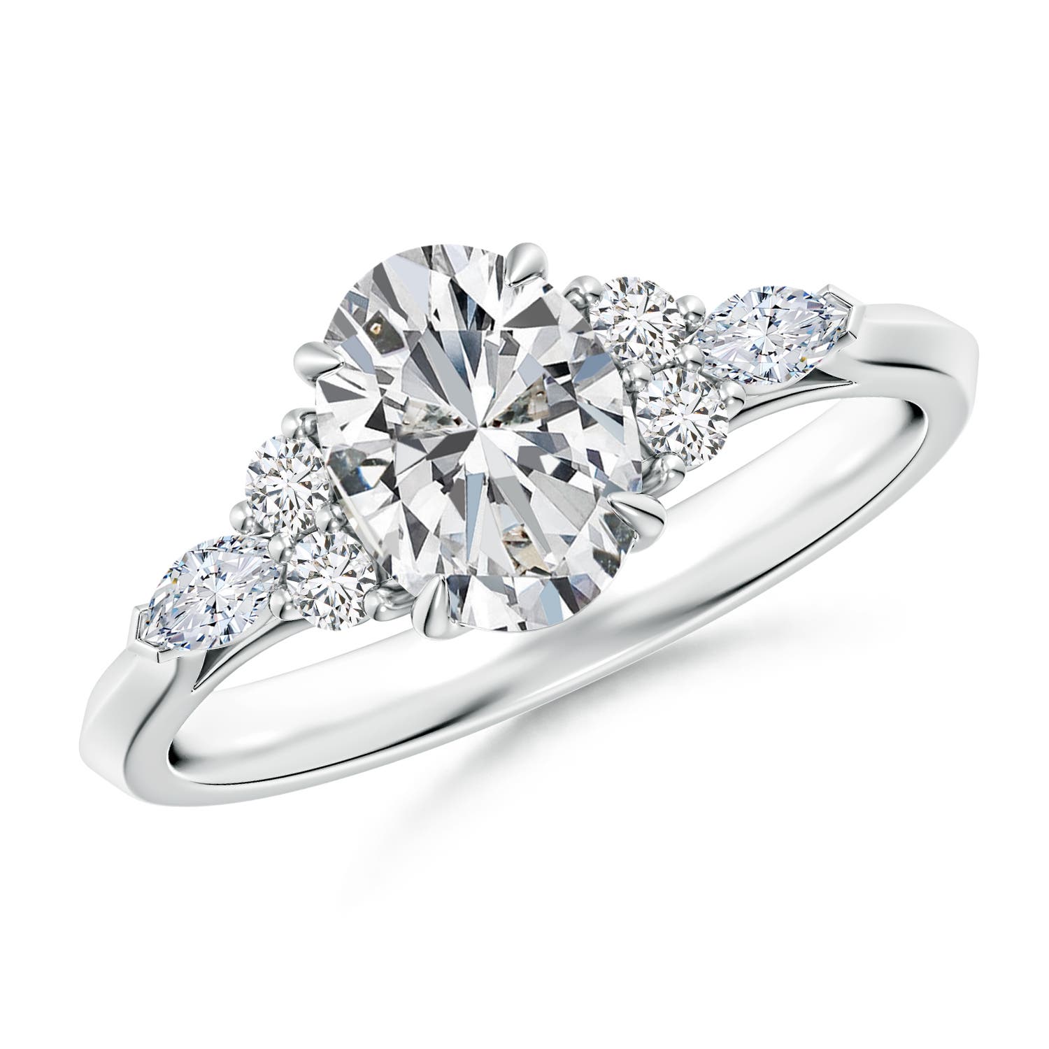 8x6mm HSI2 Oval Diamond Side Stone Engagement Ring with Diamonds in 18K White Gold