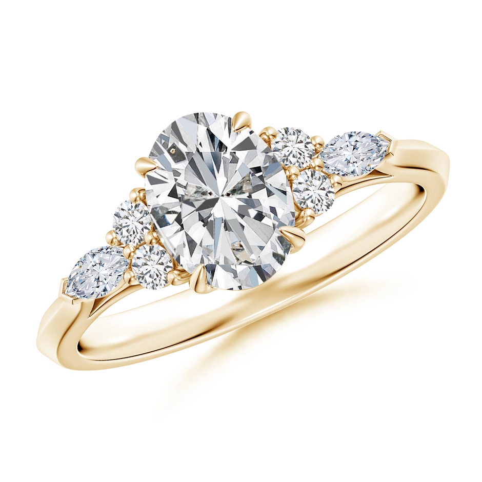 8x6mm HSI2 Oval Diamond Side Stone Engagement Ring with Diamonds in Yellow Gold 