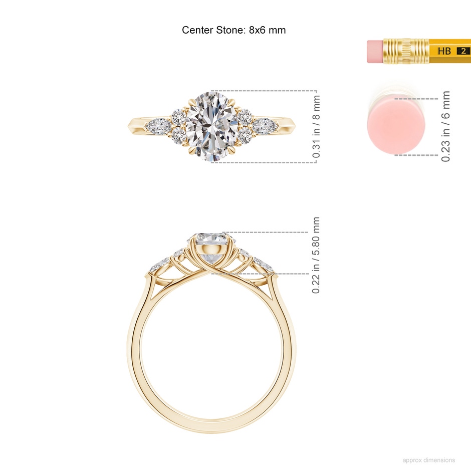 8x6mm IJI1I2 Oval Diamond Side Stone Engagement Ring with Diamonds in Yellow Gold ruler