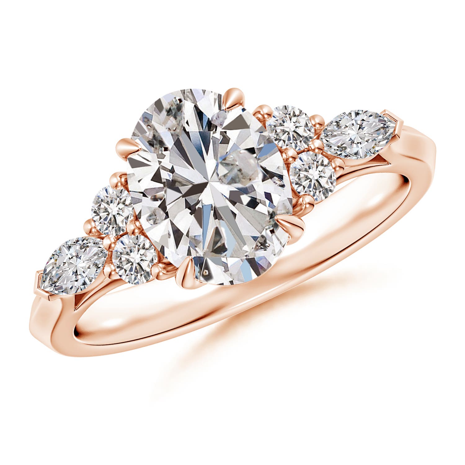 9x7mm IJI1I2 Oval Diamond Side Stone Engagement Ring with Diamonds in 18CT Rose Gold