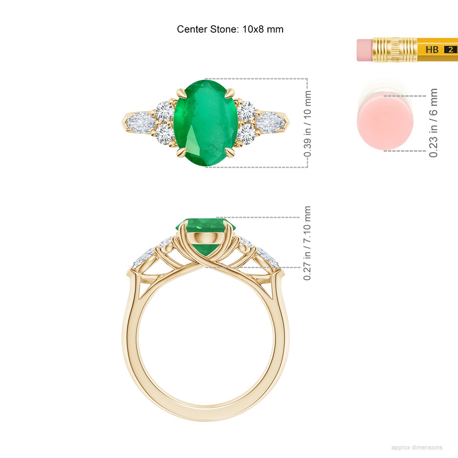 10x8mm A Oval Emerald Side Stone Engagement Ring with Diamonds in 18K Yellow Gold ruler